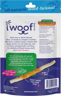 Show full view: Woof Island Adult Coconut Sticks with Chicken Natural Dog Chew Treats, 3.5-oz bag, 12 count slide 5 of 10