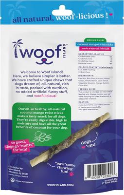 Show full view: Woof Island Adult Coconut Mango Sticks with Fish Natural Dog Chew Treats, 3.6-oz bag, 12 count slide 5 of 10