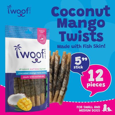 Show full view: Woof Island Adult Coconut Mango Sticks with Fish Natural Dog Chew Treats, 3.6-oz bag, 12 count slide 4 of 10