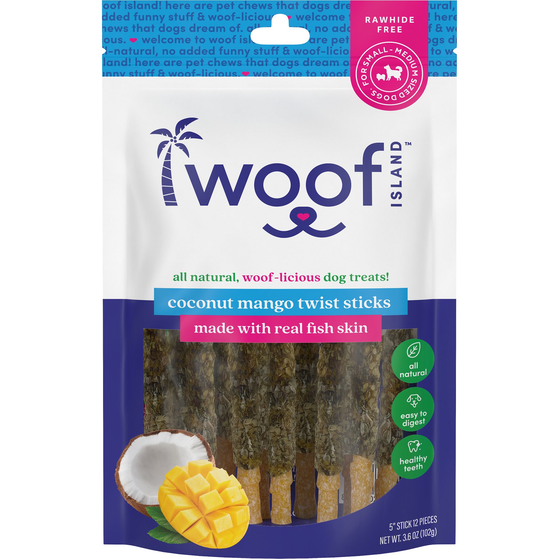 Woof Island Adult Coconut Mango Sticks with Fish Natural Dog Chew Treats, 3.6-oz bag, 12 count