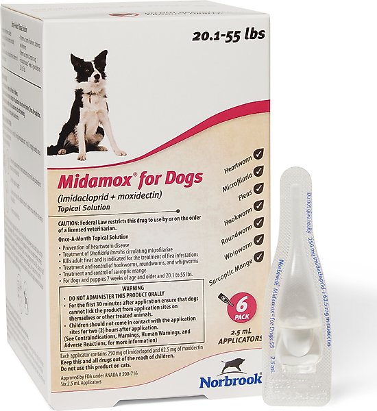 Show full view: Midamox Topical Solution for Dogs, 20.1-55 lbs, (Red Box), 6 Doses (6-mos. supply) slide 1 of 6