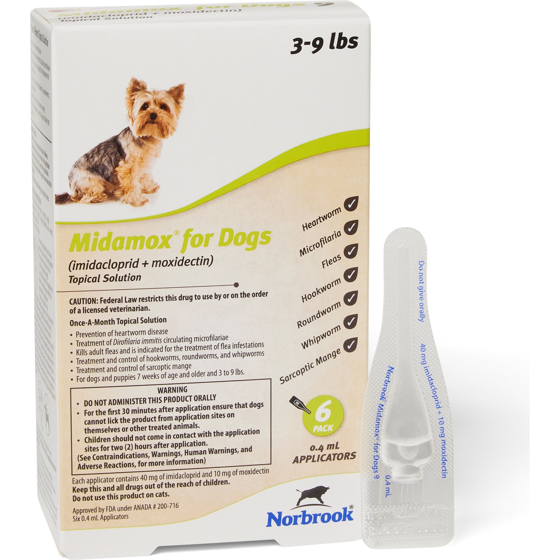 Midamox Topical Solution for Dogs, 3-9 lbs, (Green Box), 6 Doses (6-mos. supply)