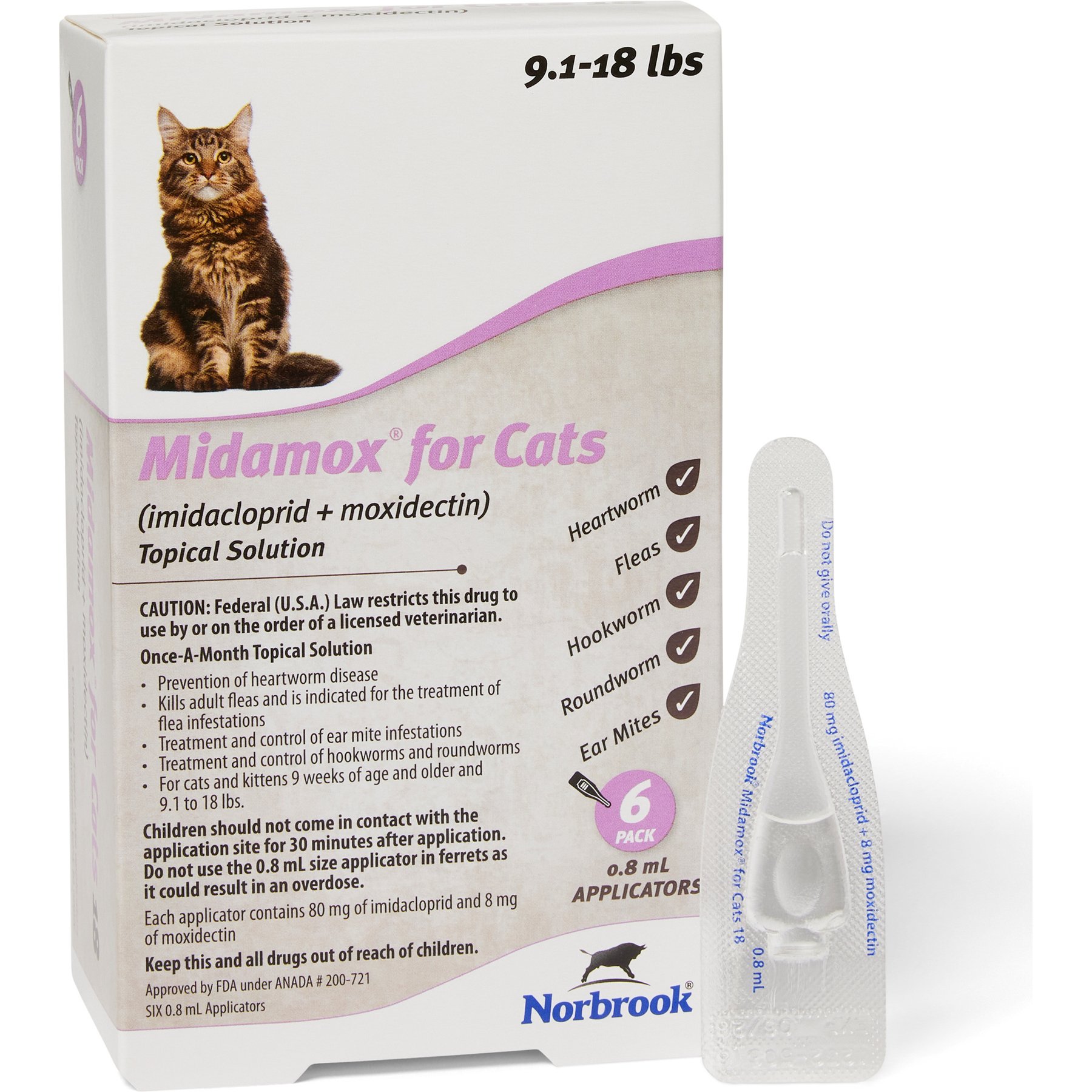 Midamox Topical Solution for Cats, 9.1-18 lbs, (Purple Box), 6 Doses (6-mos. supply)