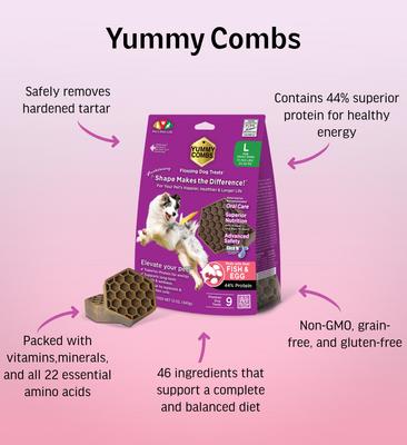Show full view: Yummy Combs Fish & Egg Large Dental Dog Treats, 12-oz bag, 9 count slide 4 of 8
