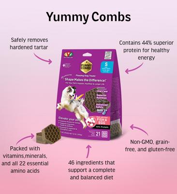 Show full view: Yummy Combs Fish & Egg Small Dental Dog Treats, 12-oz bag, 21 count slide 4 of 8