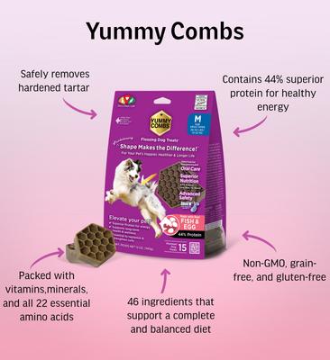 Show full view: Yummy Combs Fish & Egg Medium Dental Dog Treats, 12-oz bag, 15 count slide 4 of 9