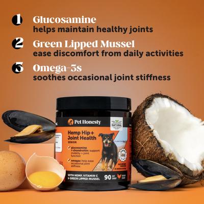 Show full view: Pet Honesty Hemp Hip & Joint Chicken Flavored Glucosamine & Hemp Chews Joint Supplements for Senior Dogs, 90 count slide 4 of 13