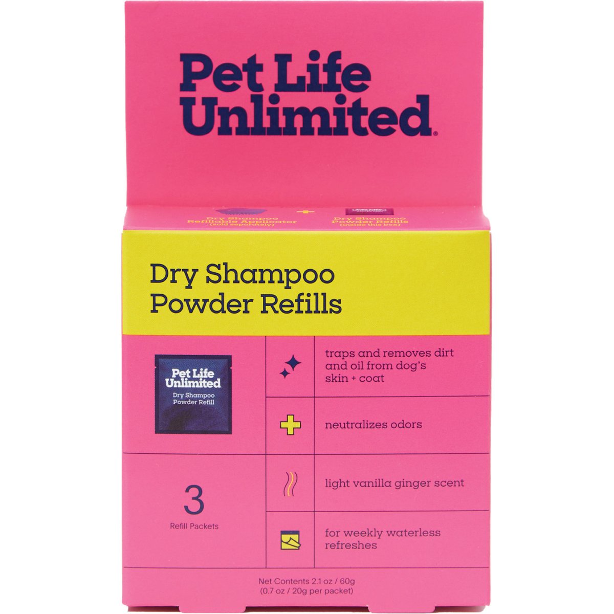 Pet Life Unlimited Dry Shampoo Powder Refills for Dogs, Vanilla Ginger, 3 count