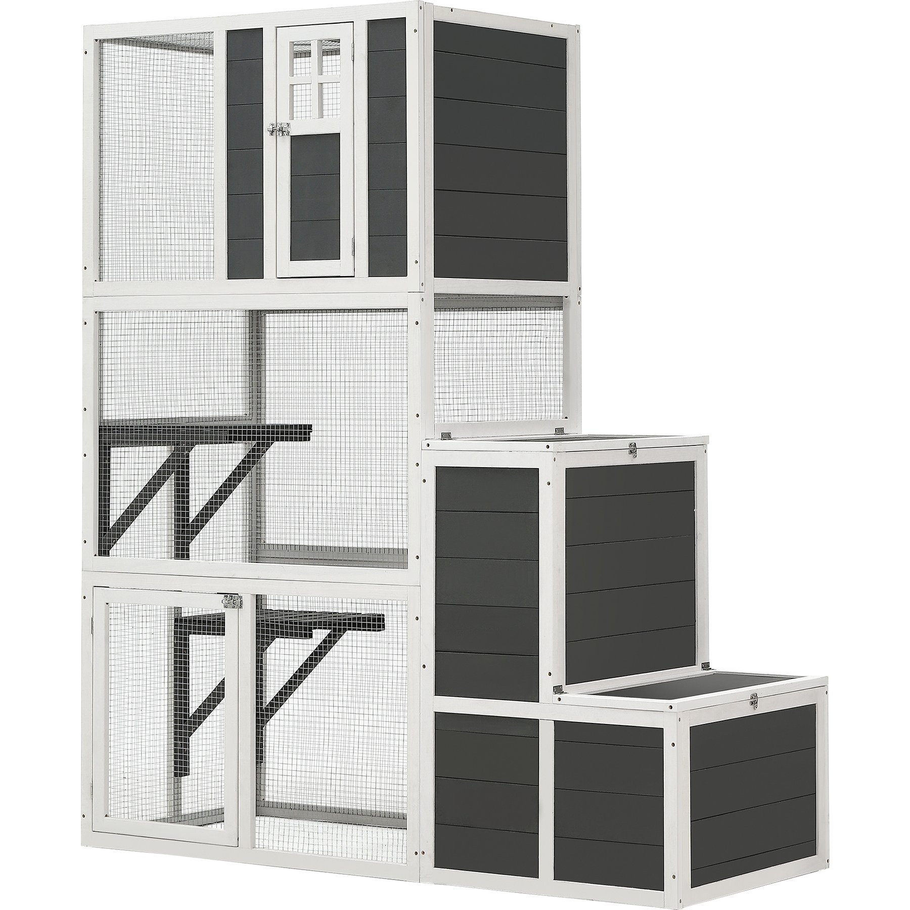 Zeus & Ruta Wooden 3-Tier 4 Platforms & 2 Door Outdoor Cat House with Jump Box, Gray