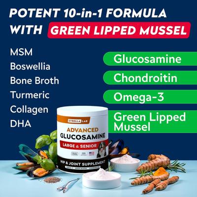 Show full view: StrellaLab Advanced Glucosamine Chondroitin Green Lipped Mussel & Collagen Joint Supplement for Dogs, 120 count slide 6 of 11