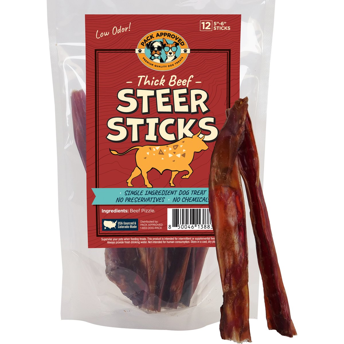 Pack Approved Thick Beef Steer Bully Sticks Natural Dog Chews, 5 to 6-in, 12 count