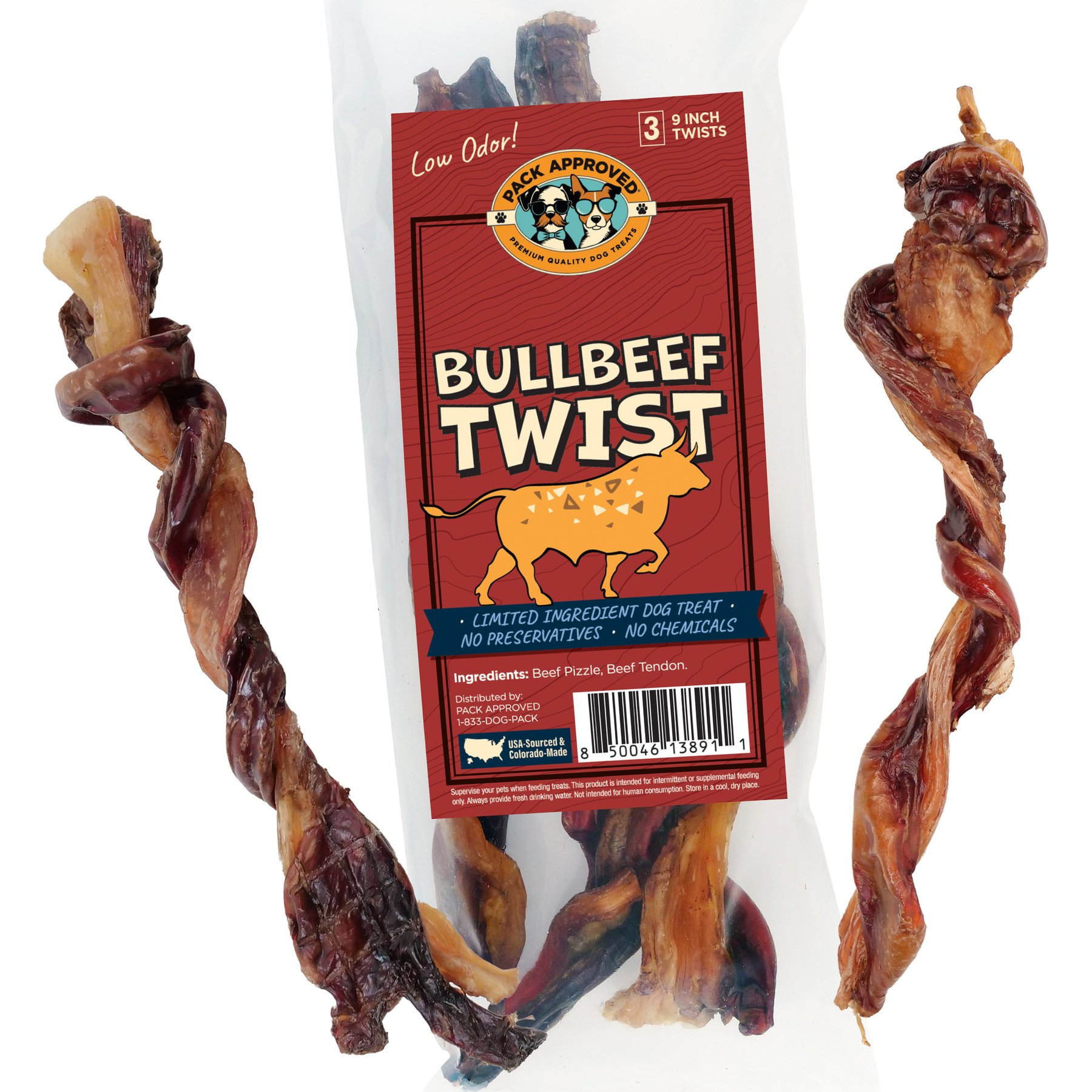 Pack Approved Bull Beef Twist Natural Dog Chews, 9-in, 3 count