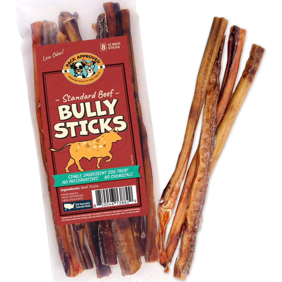Pack Approved Standard Beef Bully Sticks Natural Dog Chews, 12-in, 8 count