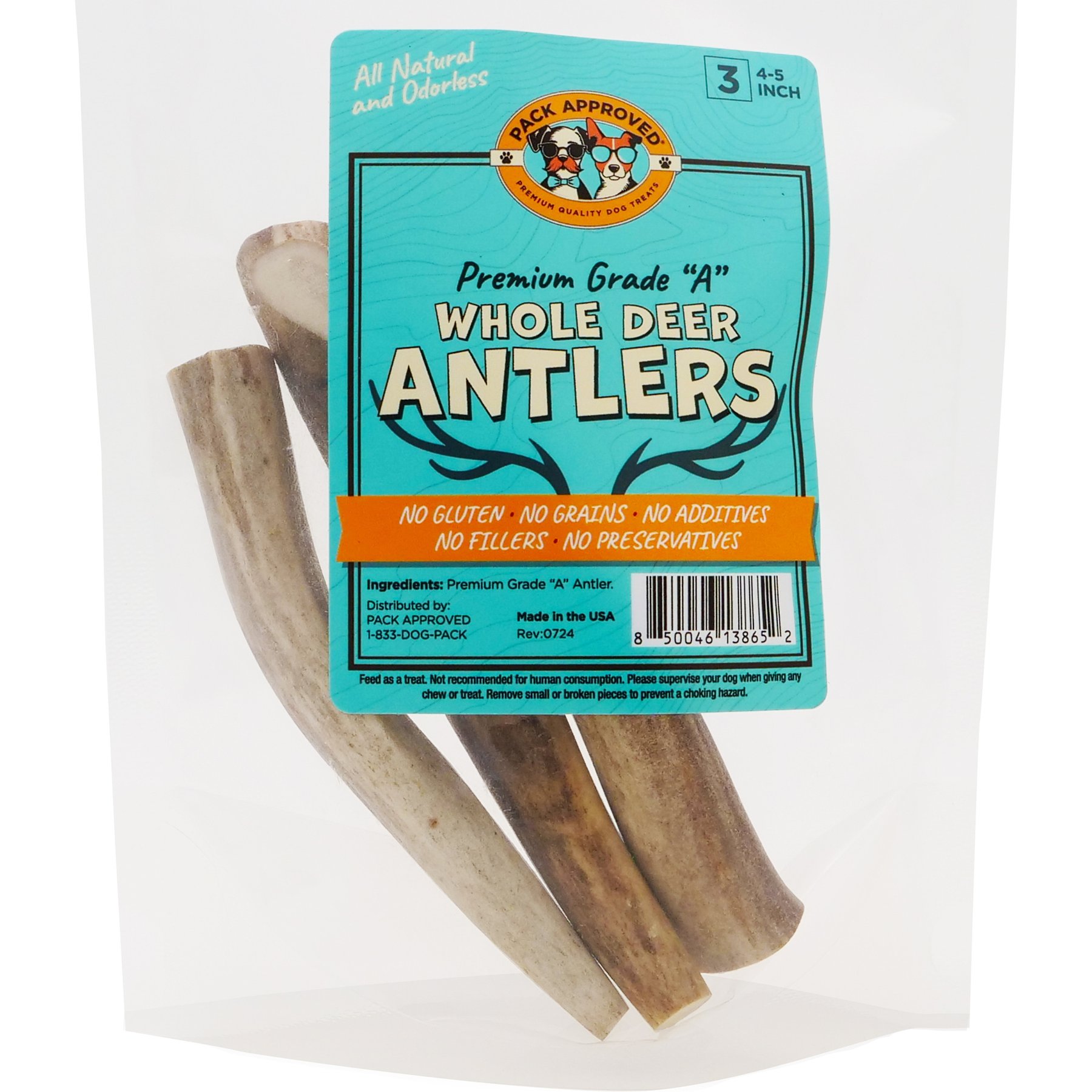 Pack Approved Whole Deer Antlers Natural Dog Chews, 4 to 5-in, 3 count