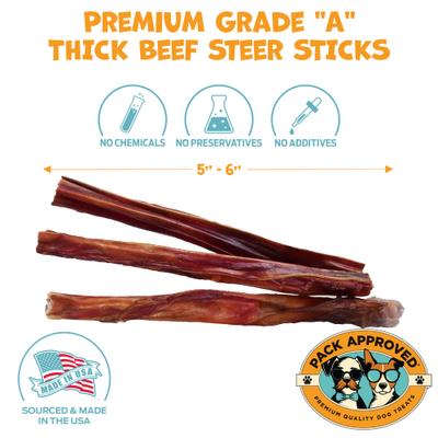 Show full view: Pack Approved Thick Beef Steer Bully Sticks Natural Dog Chews, 5 to 6-in, 12 count slide 3 of 8
