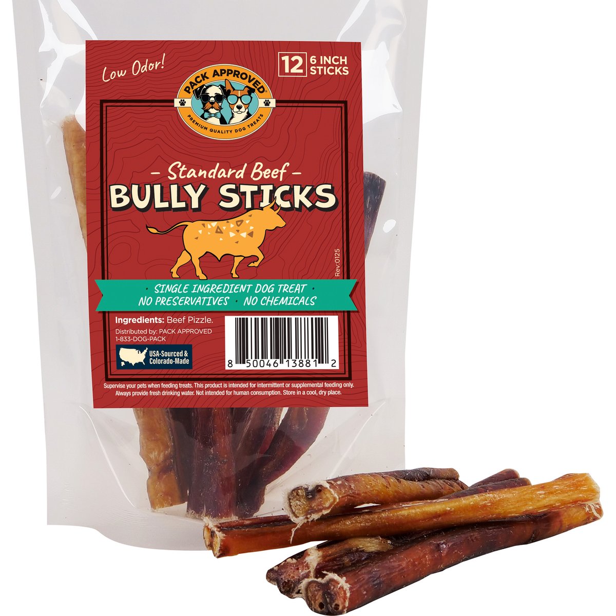Pack Approved Standard Beef Bully Sticks Natural Dog Chews, 6-in, 12 count