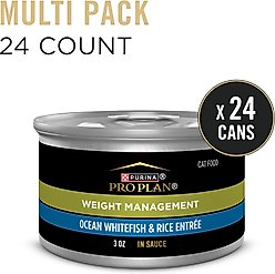 Purina Pro Plan Weight Management Ocean Whitefish & Rice Entree in Sauce Wet Cat Food, 3-oz can, case of 24 slide 2 of 9