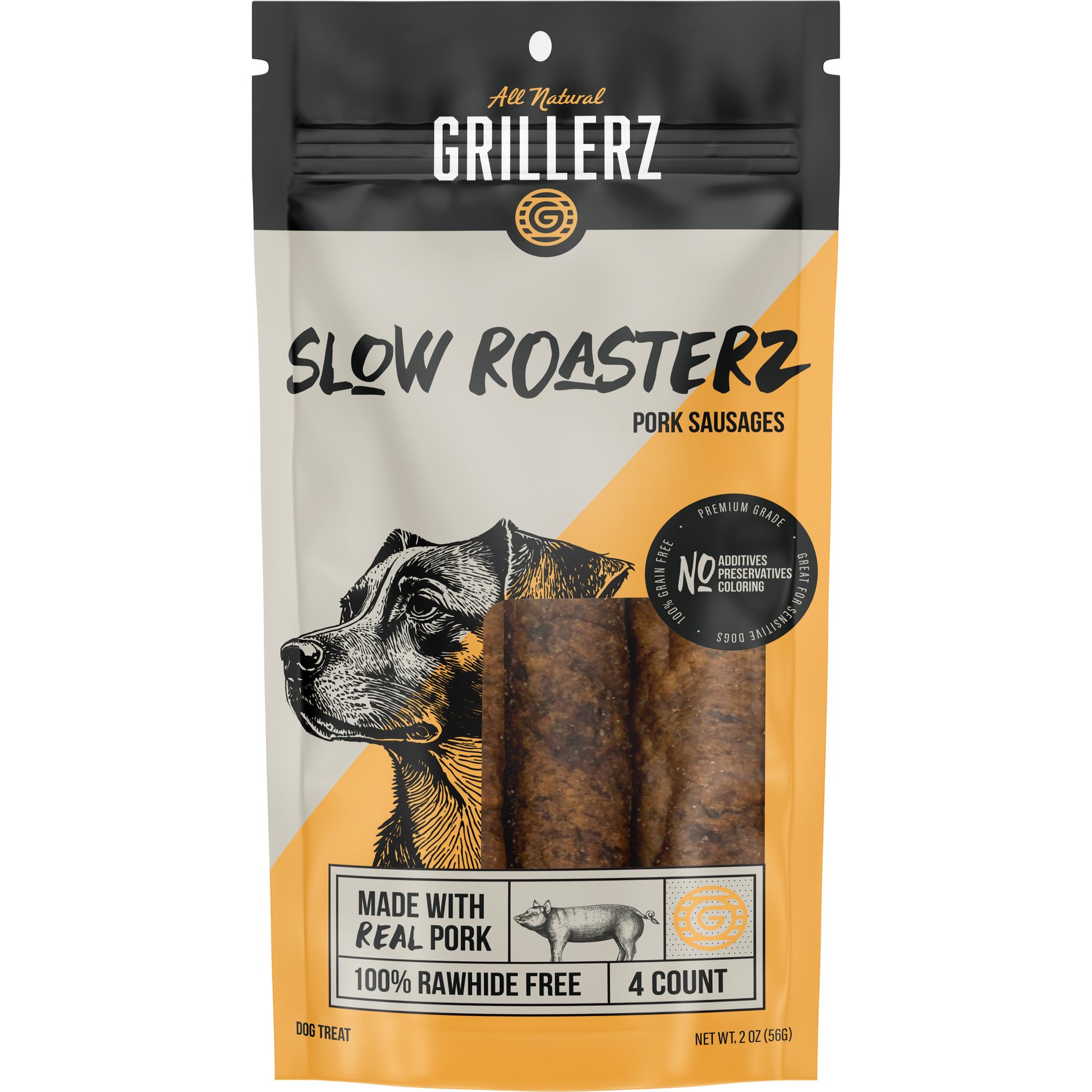 Grillerz Slow Roasterz 6 Inch Pork Sausages Soft & Chewy Dog Treats, 4 count