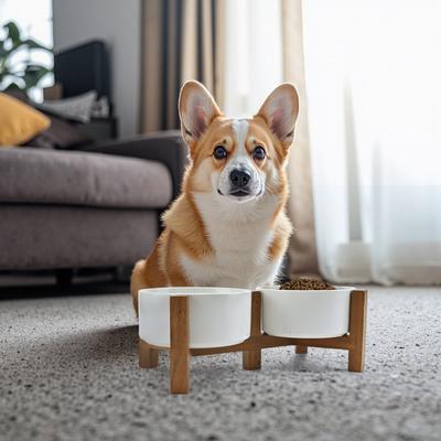 Show full view: SpunkyJunky Ceramic & Acacia Wood Raised Dog Bowls, 2 count, White, 3.6 cup slide 7 of 7