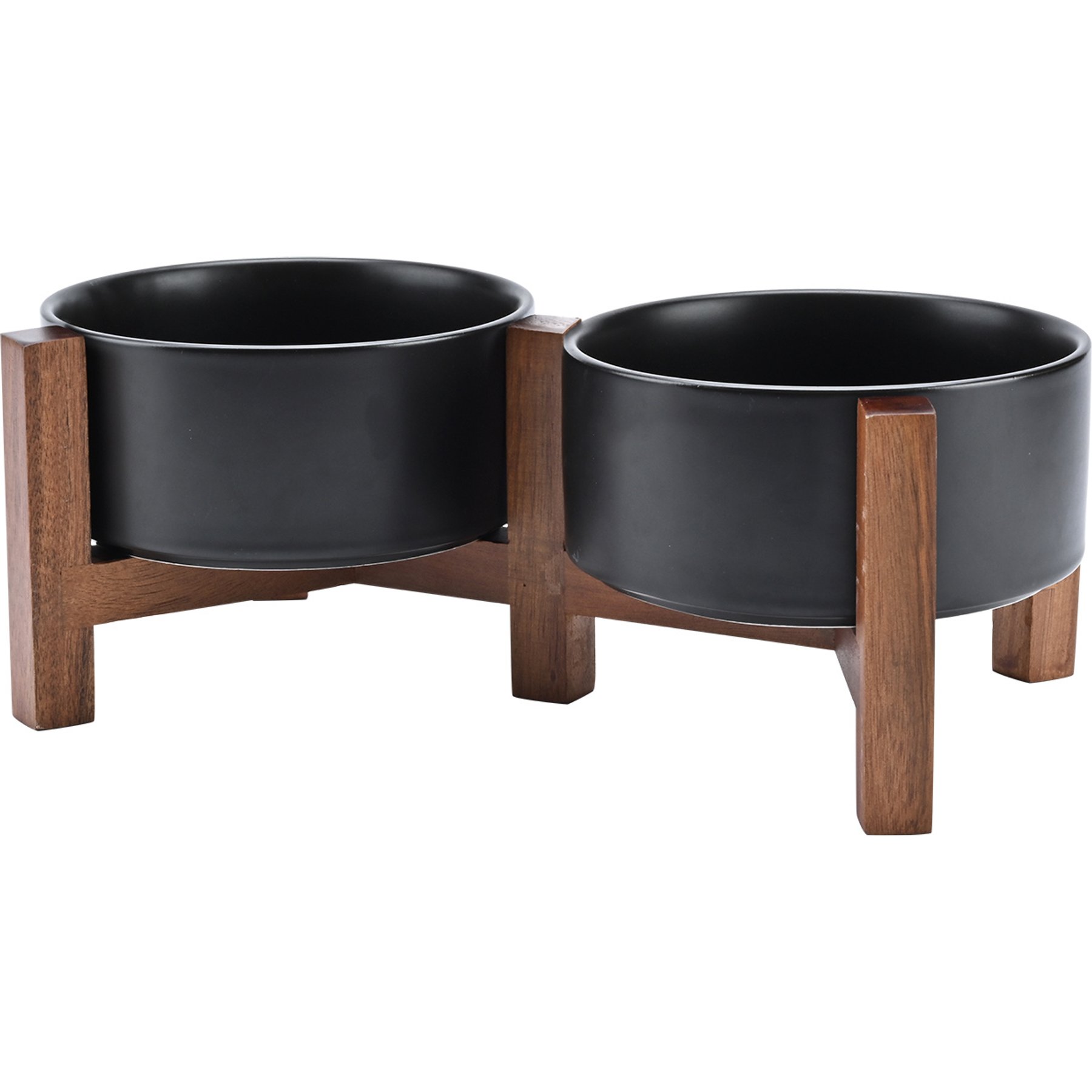 SpunkyJunky Ceramic & Acacia Wood Raised Dog Bowls, 2 count, Black, 3.6 cup