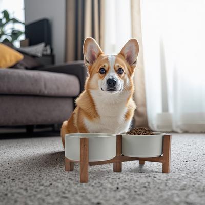 Show full view: SpunkyJunky Ceramic & Acacia Wood Raised Dog Bowls, 2 count, Gray, 3.6 cup slide 7 of 7