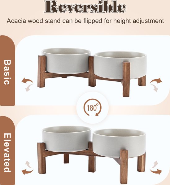 Show full view: SpunkyJunky Ceramic & Acacia Wood Raised Dog Bowls, 2 count, Gray, 1.7 cup slide 3 of 7