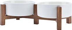 SpunkyJunky Ceramic & Acacia Wood Raised Dog Bowls, 2 count, White, 1.7 cup