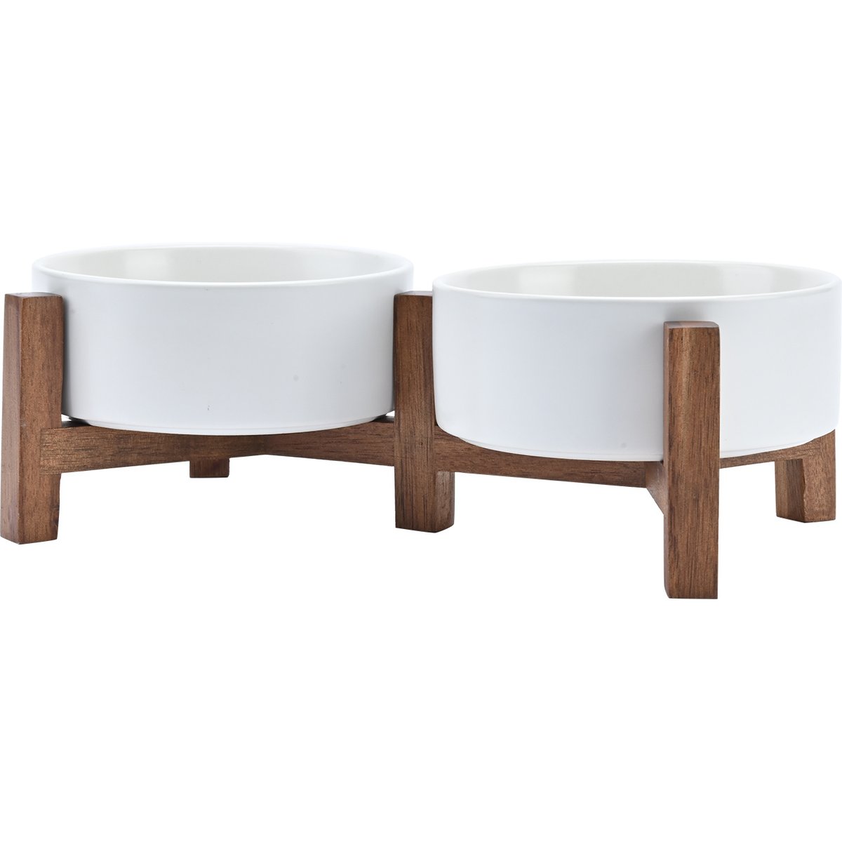 SpunkyJunky Ceramic & Acacia Wood Raised Dog Bowls, 2 count, White, 1.7 cup