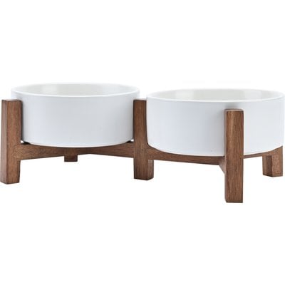 SpunkyJunky SpunkyJunky Ceramic & Acacia Wood Raised Dog Bowls, 2 count, White, 1.7 cup