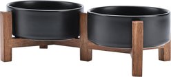 SpunkyJunky Ceramic & Acacia Wood Raised Dog Bowls, 2 count, Black, 1.7 cup