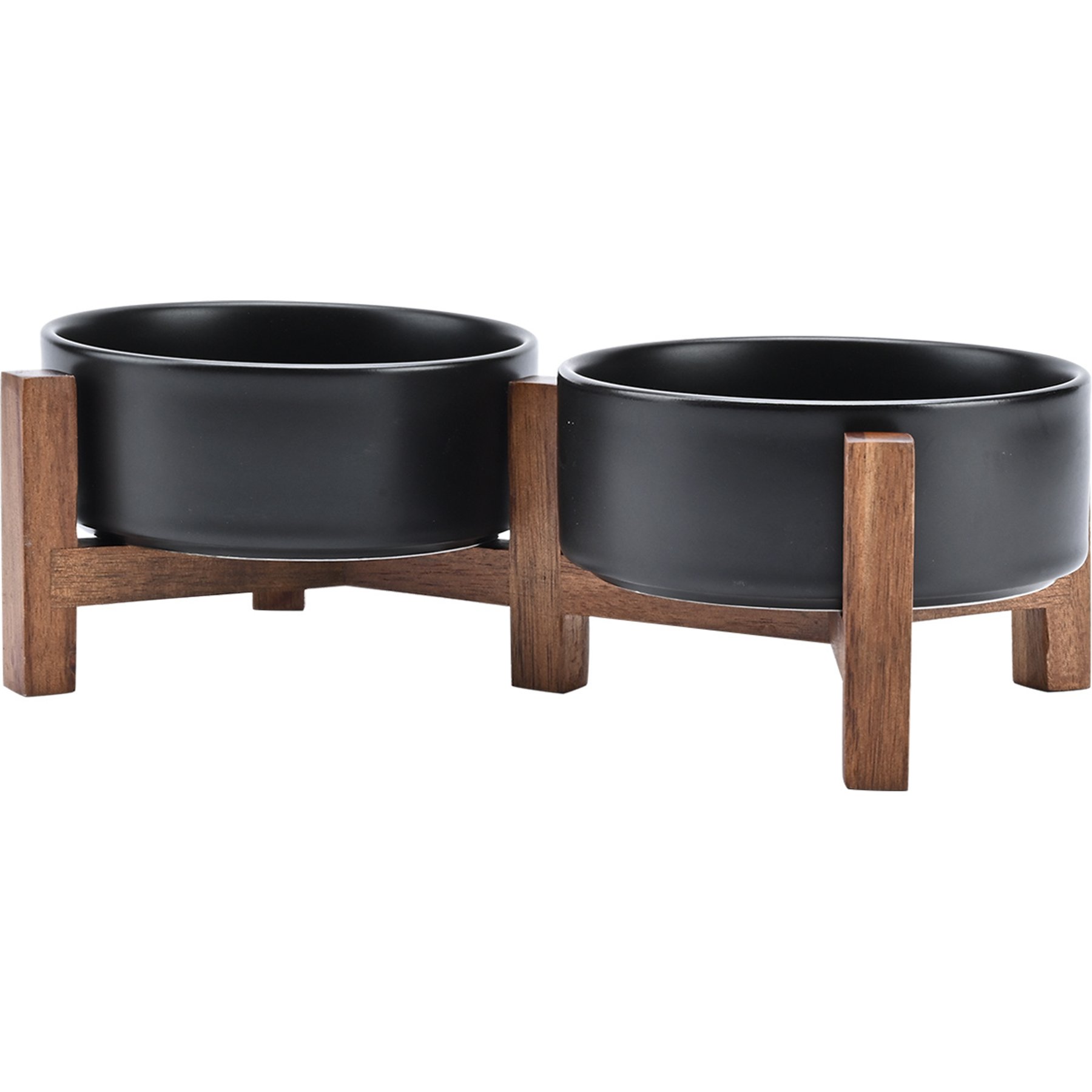SpunkyJunky Ceramic & Acacia Wood Raised Dog Bowls, 2 count, Black, 1.7 cup