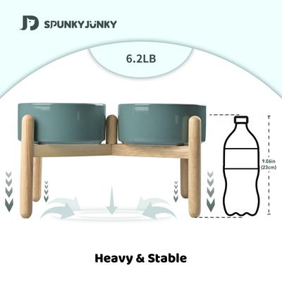 Show full view: SpunkyJunky Ceramic & Wood Raised Dog Bowls, 2 count, Dark Green, 7.6 cup slide 6 of 7