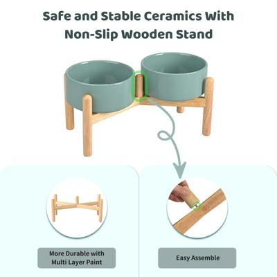 Show full view: SpunkyJunky Ceramic & Wood Raised Dog Bowls, 2 count, Dark Green, 3.6 cup slide 4 of 7