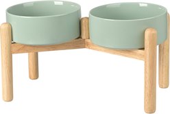 SpunkyJunky Ceramic & Wood Raised Dog Bowls, 2 count, Light Green, 7.6 cup