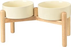 SpunkyJunky Ceramic & Wood Raised Dog Bowls, 2 count, Beige, 7.6 cup