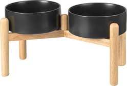 SpunkyJunky Ceramic & Wood Raised Dog Bowls, 2 count, Black, 7.6 cup