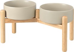 SpunkyJunky Ceramic & Wood Raised Dog Bowls, 2 count, Grey, 7.6 cup