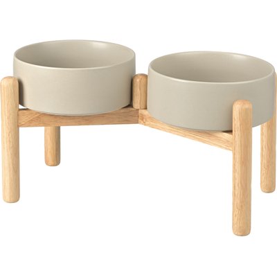 SpunkyJunky SpunkyJunky Ceramic & Wood Raised Dog Bowls, 2 count, Grey, 7.6 cup