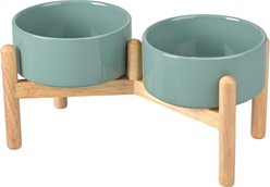 SpunkyJunky Ceramic & Wood Raised Dog Bowls, 2 count, Dark Green, 3.6 cup