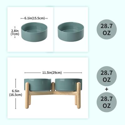 Show full view: SpunkyJunky Ceramic & Wood Raised Dog Bowls, 2 count, Dark Green, 3.6 cup slide 2 of 7