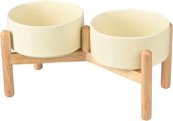 SpunkyJunky Ceramic & Wood Raised Dog Bowls, 2 count, Beige, 3.6 cup
