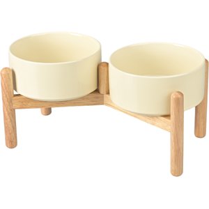 SpunkyJunky Ceramic & Wood Raised Dog Bowls, 2 count, Beige, 3.6 cup