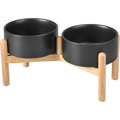 SpunkyJunky SpunkyJunky Ceramic & Wood Raised Dog Bowls, 2 count, Black, 3.6 cup