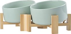 SpunkyJunky Slanted Ceramic & Wood Non-Slip Dog Bowl, 2 count, Morandi Green, 3.6 cup