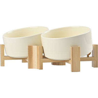 SpunkyJunky SpunkyJunky Slanted Ceramic & Wood Non-Slip Dog Bowl, 2 count, Beige, 3.6 cup