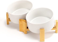 SpunkyJunky Slanted Ceramic & Wood Non-Slip Dog Bowl, 2 count, White, 3.6 cup