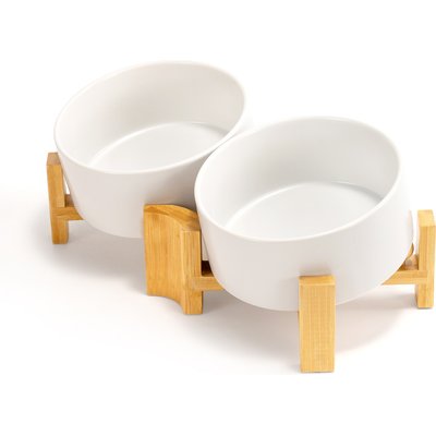 SpunkyJunky SpunkyJunky Slanted Ceramic & Wood Non-Slip Dog Bowl, 2 count, White, 3.6 cup