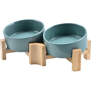 SpunkyJunky Slanted Ceramic & Wood Non-Slip Dog Bowl, 2 count, Light Green, 1.7 cup