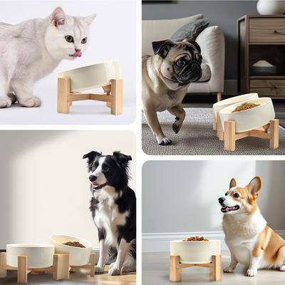 Show full view: SpunkyJunky Slanted Ceramic & Wood Non-Slip Dog Bowl, 2 count, Beige, 1.7 cup slide 9 of 10