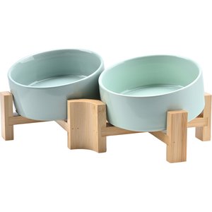 SpunkyJunky Slanted Ceramic & Wood Non-Slip Dog Bowl, 2 count, Morandi Green, 1.7 cup